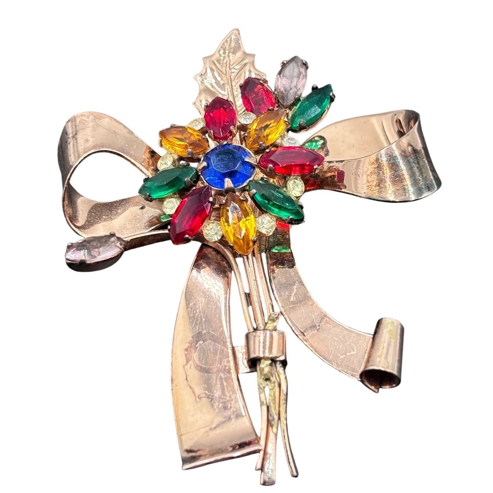 Coro Craft Sterling Silver Multi-Color Rhinestone‎ Bow Floral Brooch Pegasus Tag